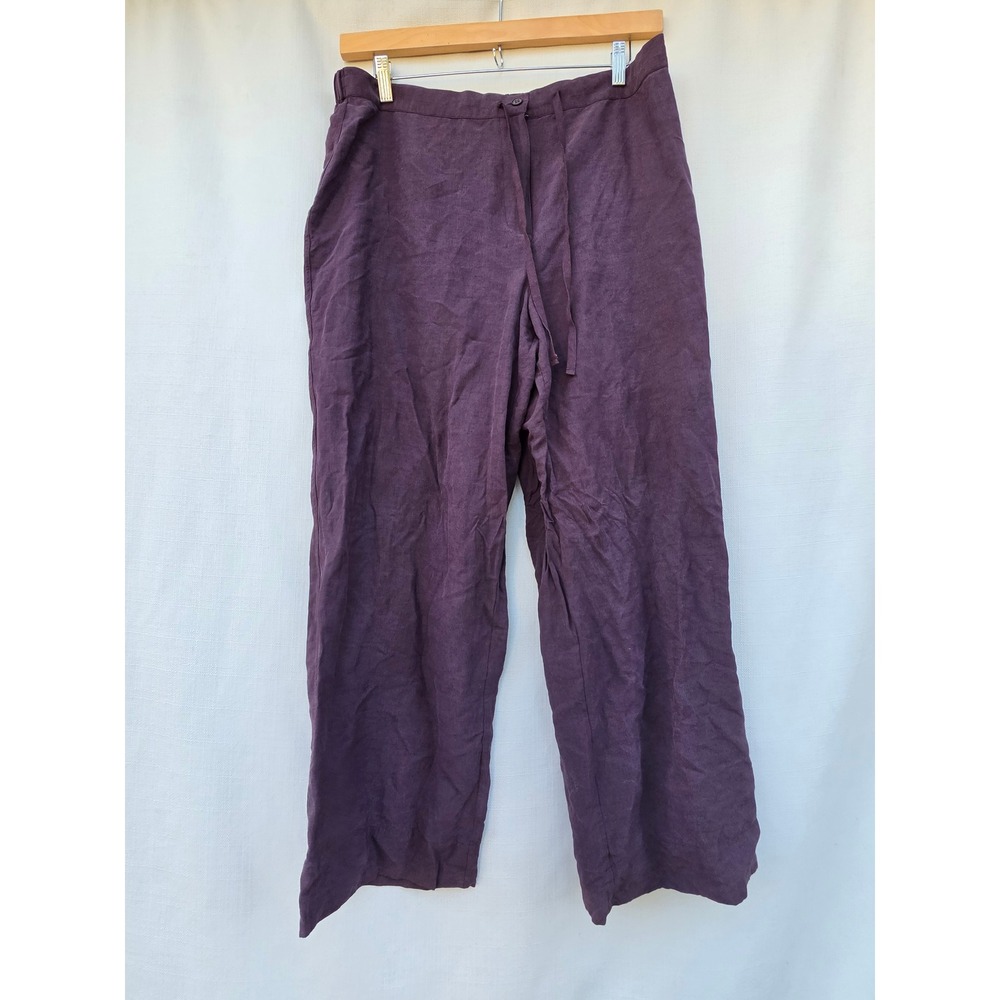 Kate Hill Woman Wide Leg Pants Womens 2X Purple Silk Linen Drawstring Slacks